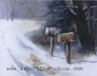 Mailboxes in the snow watercolor painting